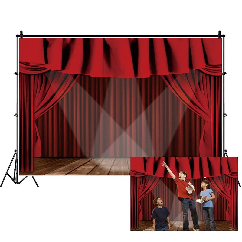Renaiss 7x5ft Red Theater Stage Backdrop Velvet Curtain Spotlights Wooden Floor Music Theater Photography Background for Stage Show Baby Adults Wedding Portraits Photo Studio Props - Image 1